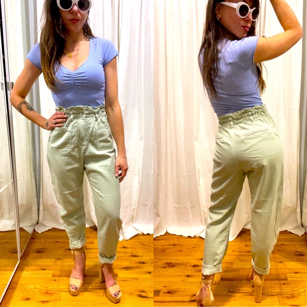 Zara Light Green Paper Bag Waist Jeans